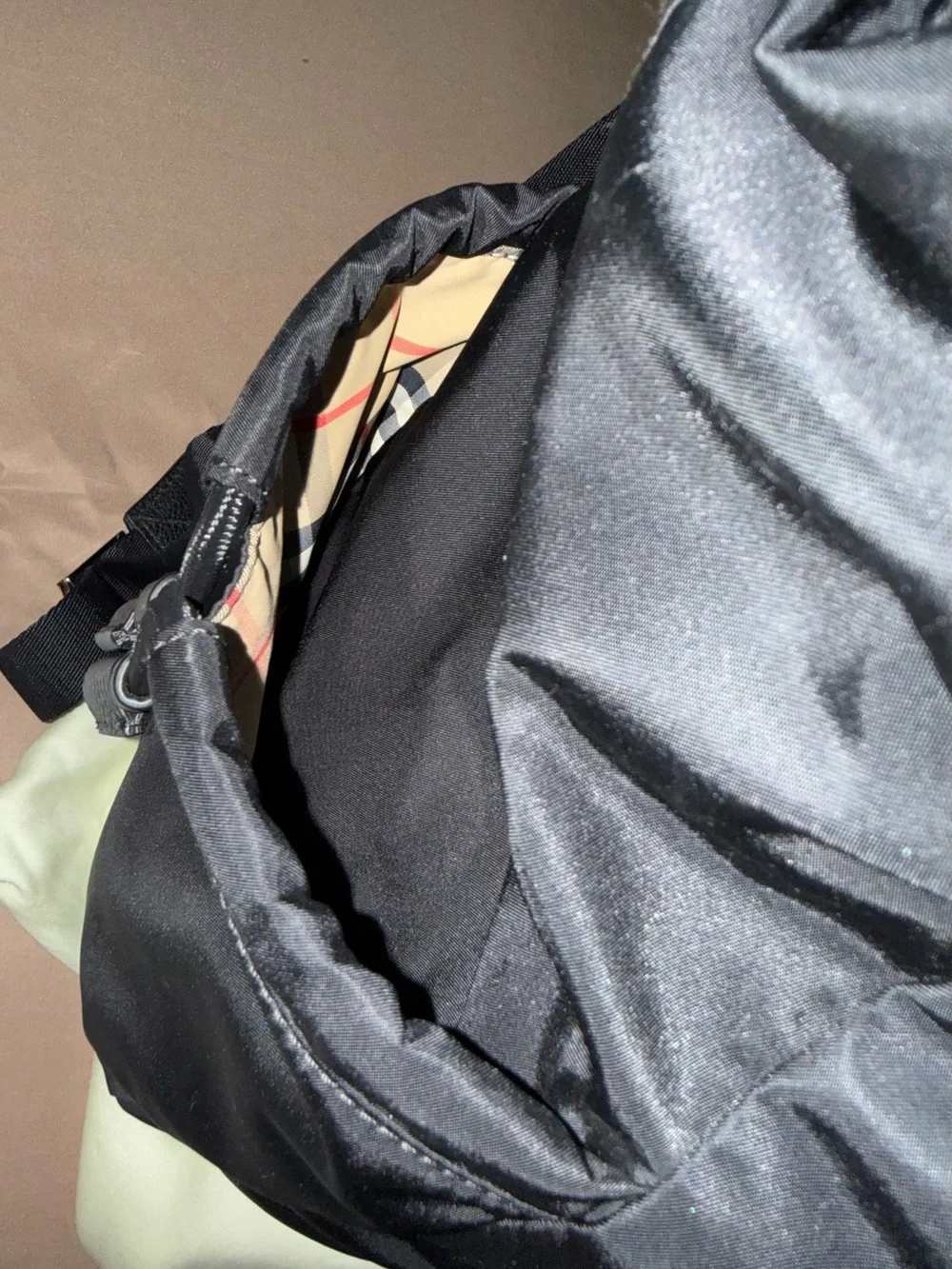 AUTHENTIC Burberry Diaper Bag Backpack. With Black nylon and leather trim.